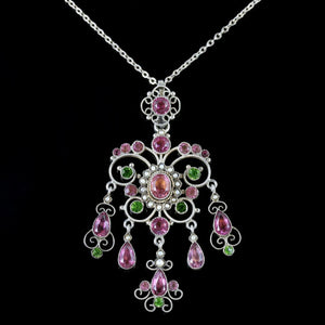 ANTIQUE EDWARDIAN SUFFRAGETTE PINK GREEN PASTE PENDANT AND CHAIN CIRCA 1910