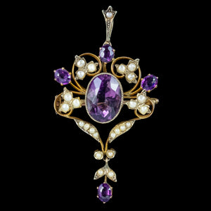 Antique Victorian Amethyst Pearl Ivy Pendant 15ct Gold