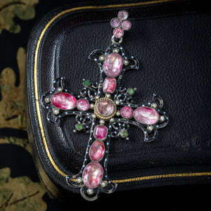 Antique Victorian French Cross Pendant Pink Paste Pearl Emerald Enamel