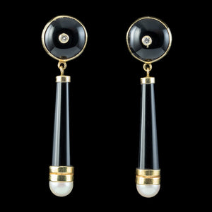 Vintage Onyx Diamond Pearl Drop Earrings 14ct Gold