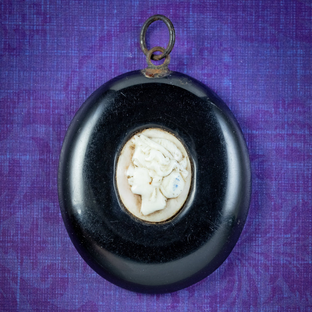 Antique Victorian Whitby Jet Coral Cameo Pendant Circa 1870
