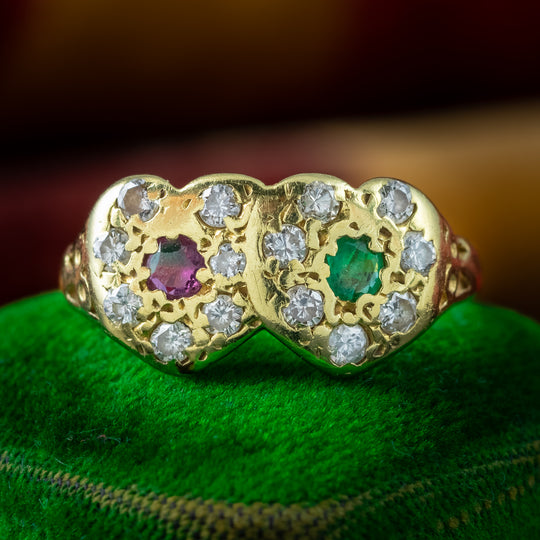 Vintage Entwined Heart Ring Ruby Emerald Diamond Dated 1980