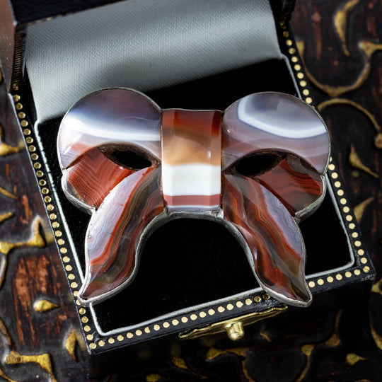 Antique Victorian Scottish Agate Bow Brooch Silver