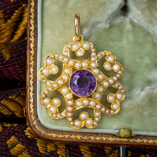 Antique Victorian Amethyst Pearl Pendant 15ct Gold Boxed