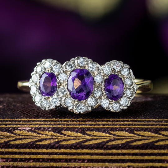 Vintage Amethyst Diamond Trilogy Cluster Ring Dated 1991