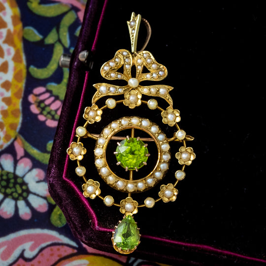 Antique Edwardian Peridot Pearl Pendant Brooch 15ct Gold