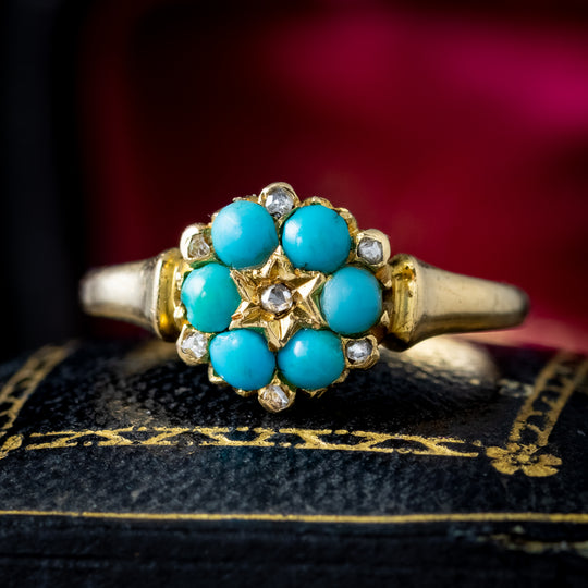 Antique Victorian Turquoise Diamond Daisy Ring Dated 1871