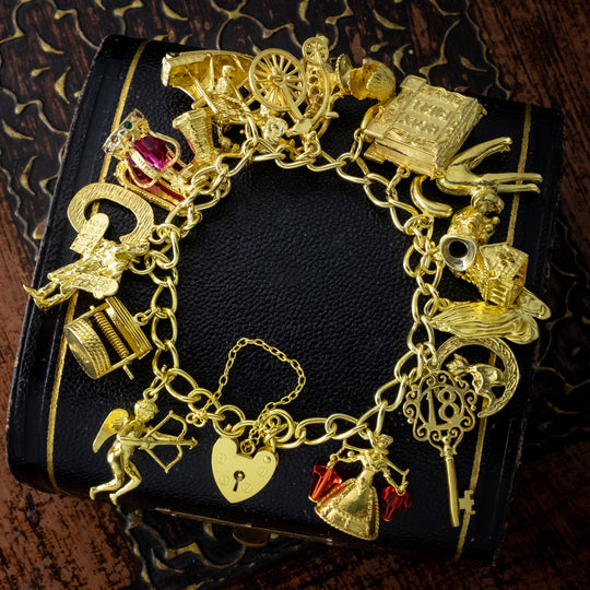 Vintage Charm Bracelet With 20 Charms And Heart Padlock