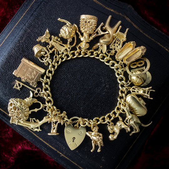 Vintage Charm Bracelet 21 Charms And Heart Padlock