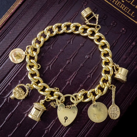 Vintage Charm Bracelet 7 Charms And Heart Padlock Dated 1959
