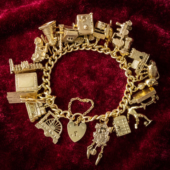 Vintage Charm Bracelet With 23 Charms And Heart Padlock