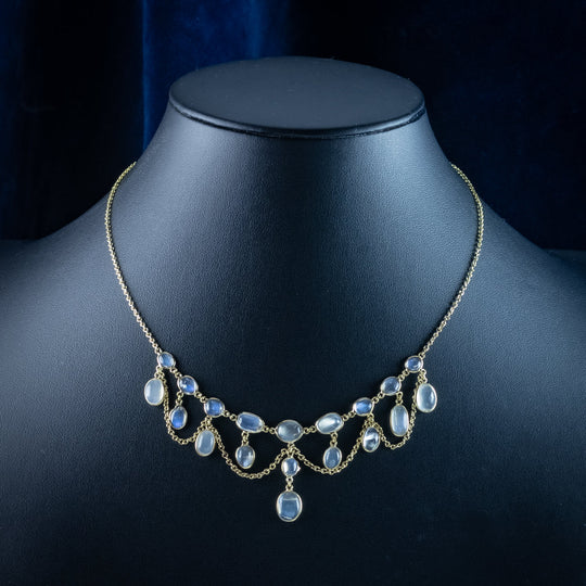 Antique Victorian Moonstone Dropper Necklace Silver 18ct Gold Gilt