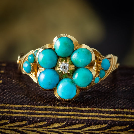 Antique Georgian Turquoise Diamond Cluster Ring Forget Me Not