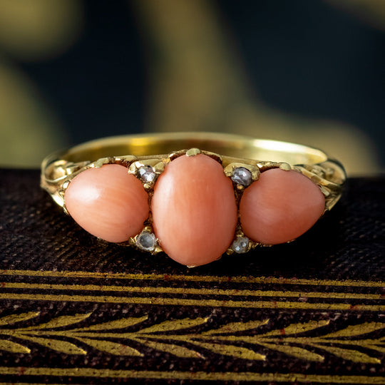 Antique Victorian Coral Diamond Trilogy Ring