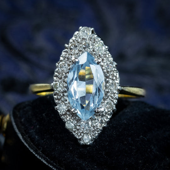 Antique Edwardian Aquamarine Diamond Navette Cluster Ring 1.4ct Aqua