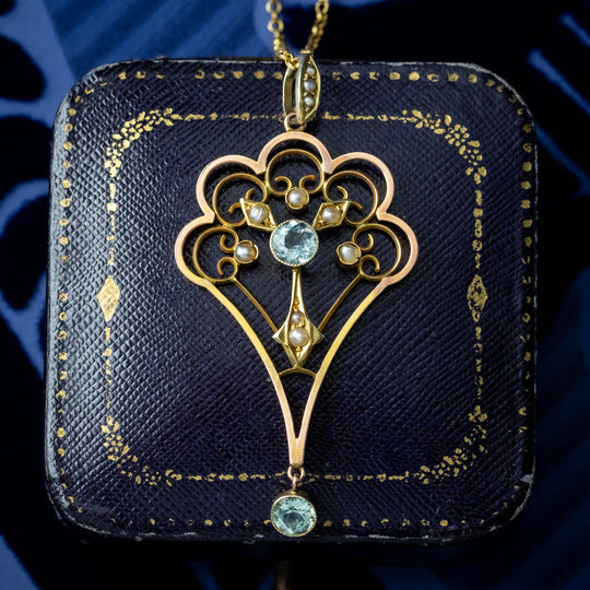 Antique Edwardian Aquamarine Pearl Pendant Necklace 9ct Gold