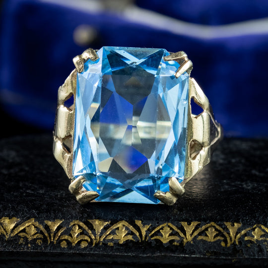 Vintage Cocktail Ring Blue Paste Glass Dated 1971