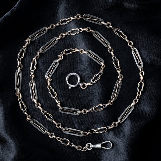 Antique Victorian Niello Chain Silver Gold 30 Inch