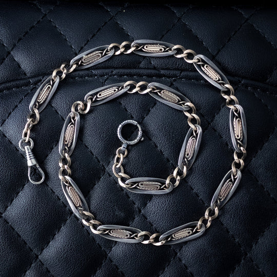 Antique Victorian Niello Chain Silver Gold 16.8 Inch