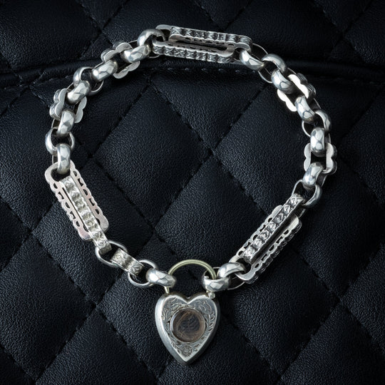 Antique Victorian Albert Chain Bracelet With Heart Padlock Locket