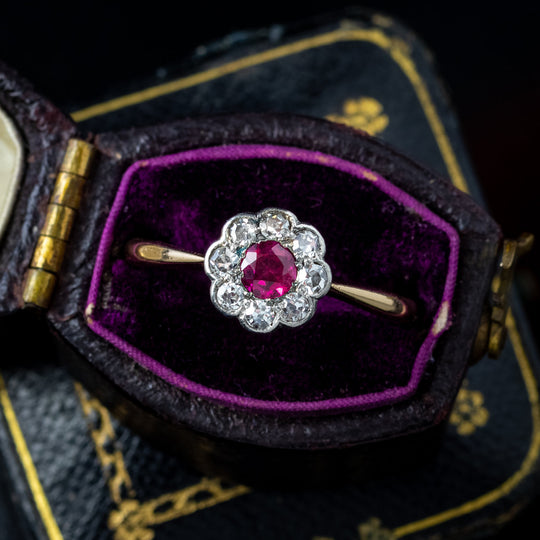 Antique Edwardian Ruby Diamond Daisy Cluster Ring 0.20ct Ruby