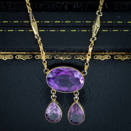 Antique Edwardian Amethyst Lavalier Necklace 15ct Gold
