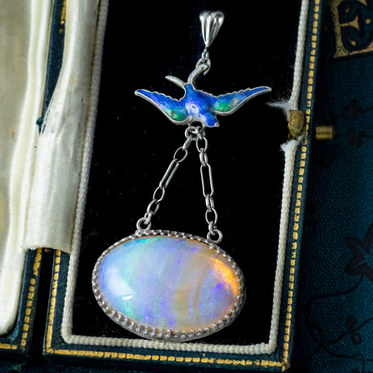 Antique Edwardian Opal Pendant Silver Enamel Swallow