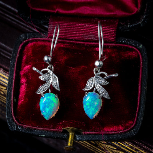 Vintage Opal Diamond Ivy Earrings 14ct Gold Dated 1959