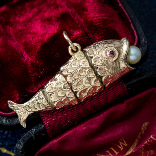 Vintage Lucky Pearl Fish Pendant Charm Ruby Eyes
