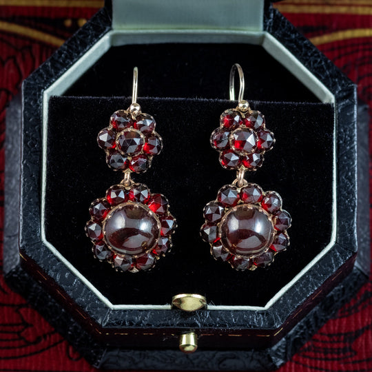 Antique Victorian Bohemian Garnet Flower Earrings