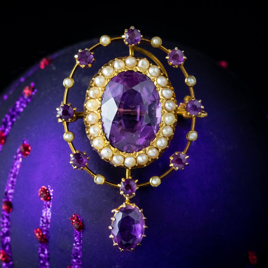 Antique Victorian Amethyst Pearl Brooch Pendant 15ct Gold