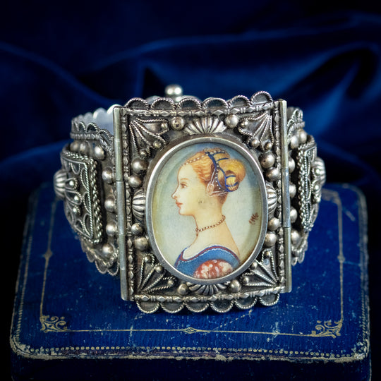 Antique Victorian Cuff Bangle Silver Miniature Portrait Of A Young Woman