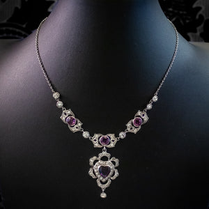 Antique Edwardian Purple Paste Heart Lavaliere Necklace Silver