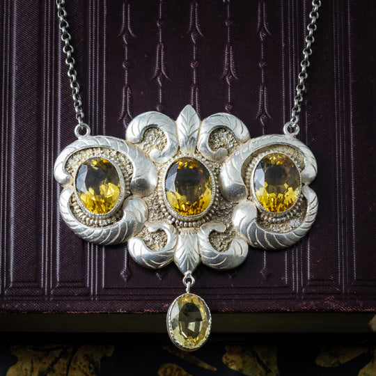 Antique Edwardian Citrine Lavaliere Necklace Sterling Silver