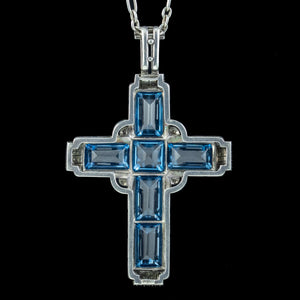 Antique Art Deco Blue Topaz Marcasite Cross Pendant Necklace By Theodor Fahrner