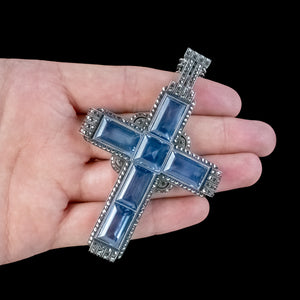 Antique Art Deco Blue Topaz Marcasite Cross Pendant Necklace By Theodor Fahrner