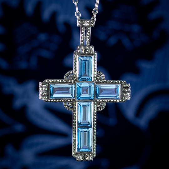 Antique Art Deco Blue Topaz Marcasite Cross Pendant Necklace By Theodor Fahrner