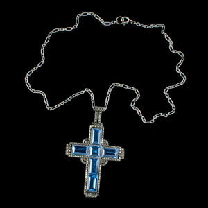 Antique Art Deco Blue Topaz Marcasite Cross Pendant Necklace By Theodor Fahrner