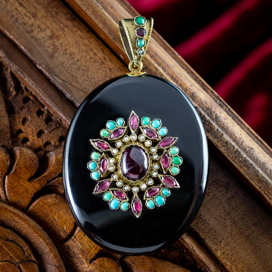 Antique Victorian Austro Hungarian Locket Garnet Pearl Turquoise Onyx