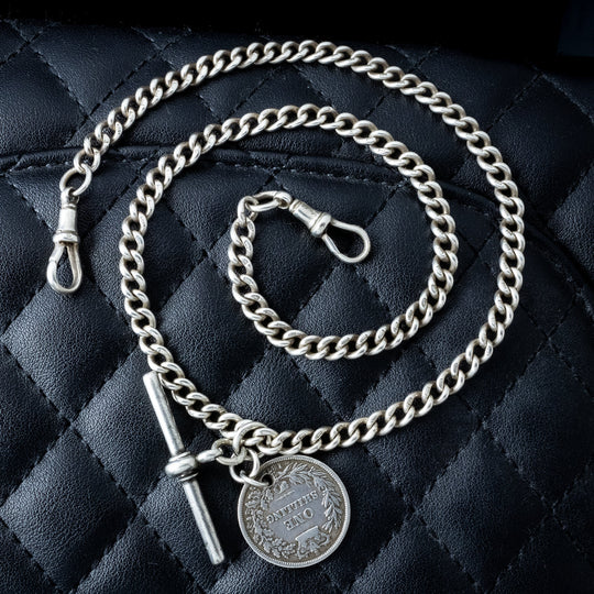 Antique Edwardian Albert Chain Sterling Silver With Coin 19.8 Inch