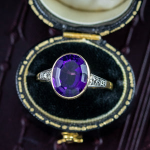 Antique Edwardian Amethyst Diamond Solitaire Ring 4ct Amethyst 