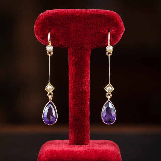 Antique Edwardian Amethyst Pearl Drop Earrings 9ct Gold