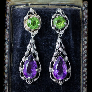 Antique Edwardian Arts And Crafts Amethyst Peridot Drop Earrings