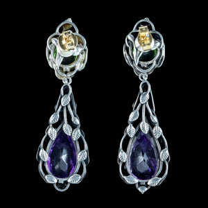 Antique Edwardian Arts And Crafts Amethyst Peridot Drop Earrings