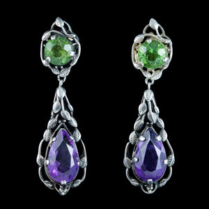 Antique Edwardian Arts And Crafts Amethyst Peridot Drop Earrings