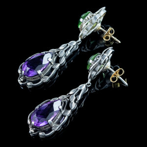 Antique Edwardian Arts And Crafts Amethyst Peridot Drop Earrings