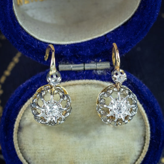 Antique Edwardian French Diamond Earrings 18ct Gold 0.20ct Total