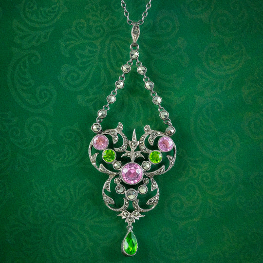 Antique Edwardian Suffragette Paste Marcasite Pendant Necklace Silver