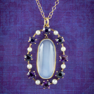 Antique Edwardian Moonstone Amethyst Pearl Pendant Necklace 15ct Gold