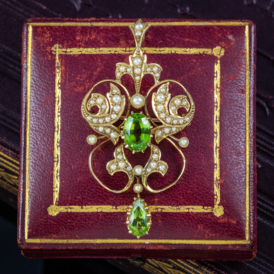 Antique Edwardian Peridot Pearl Pendant Brooch 15ct Gold